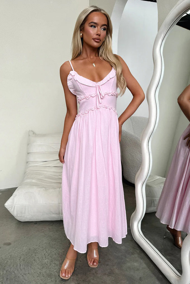 Light pink midi sundress with spaghetti straps, tied bodice detail for trendy Langry fashion