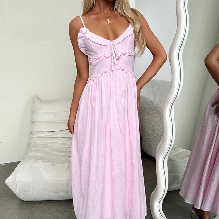 Light pink midi sundress with spaghetti straps, tied bodice detail for trendy Langry fashion