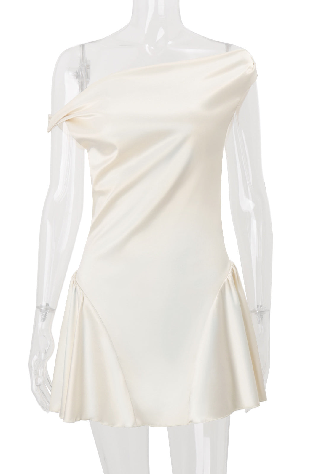 French Pure Sweet satin off-shoulder mini dress with ruffles, langry fashion ملابس