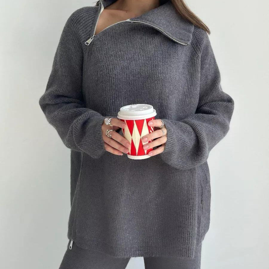 Gray knit sweater with zipper detail from High Collar Zipper Knitted Sweater Suit, langry fashion