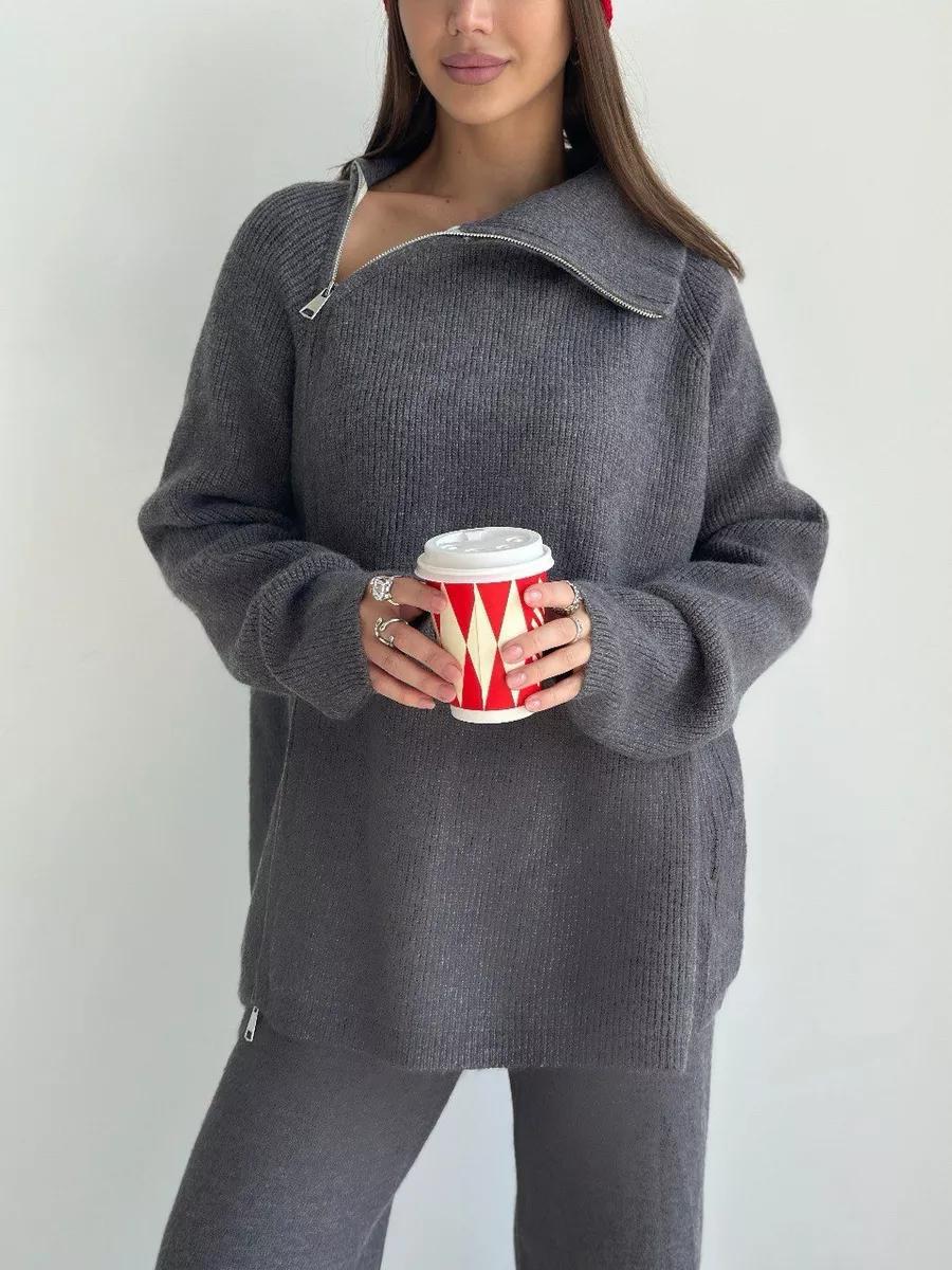 Gray knit sweater with zipper detail from High Collar Zipper Knitted Sweater Suit, langry fashion