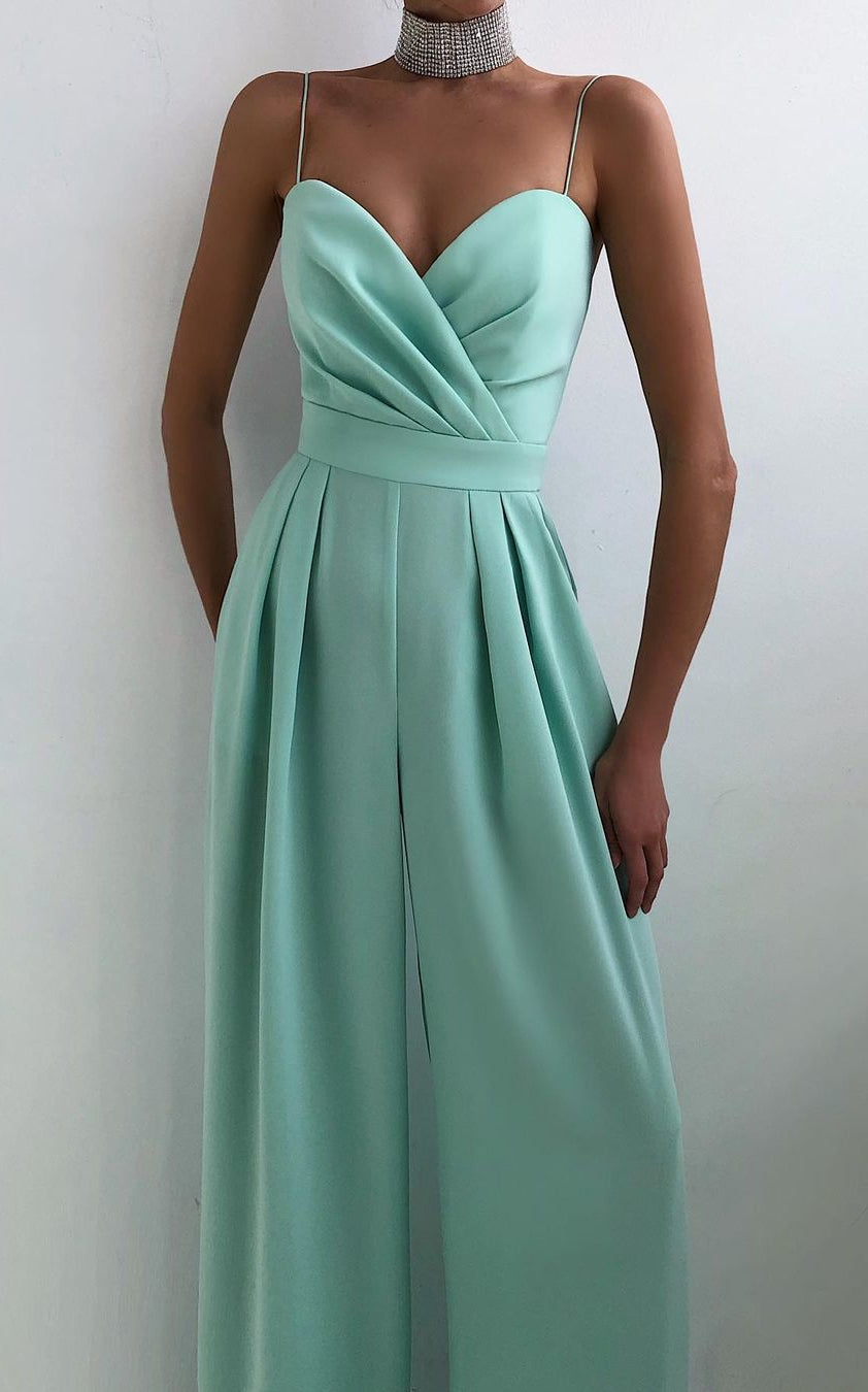 Mint green strapless formal gown with pleated details and sweetheart neckline for fashion