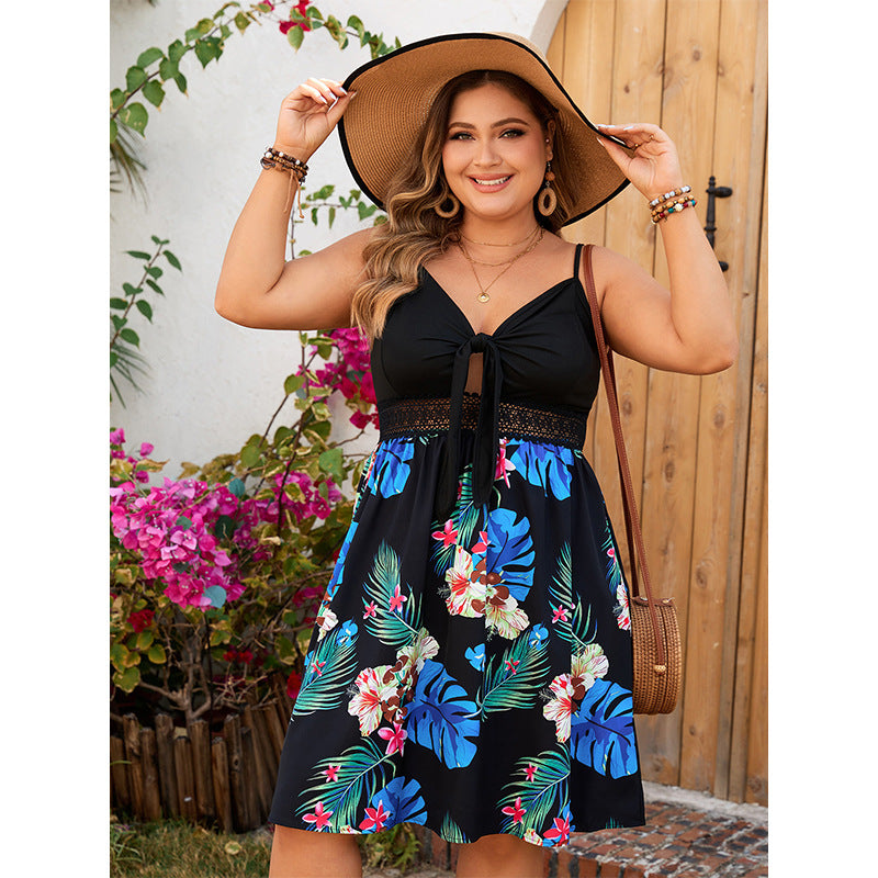 Elegant floral print strap dress featuring woman in sundress and sunhat for fashionable ملابس