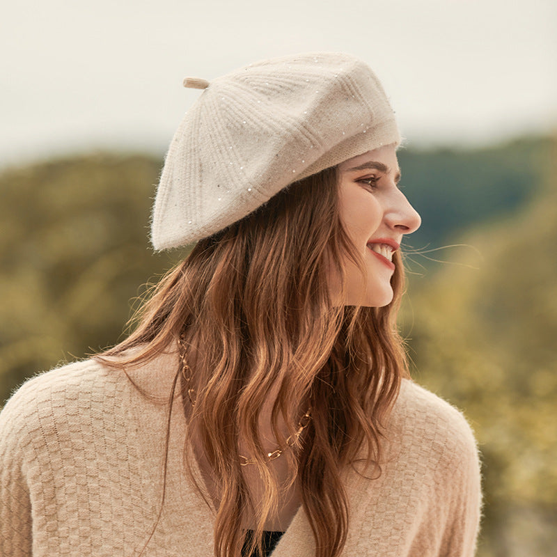 Beige wool beret with subtle sparkles from Winter Knitting Hat collection, stylish ملابس