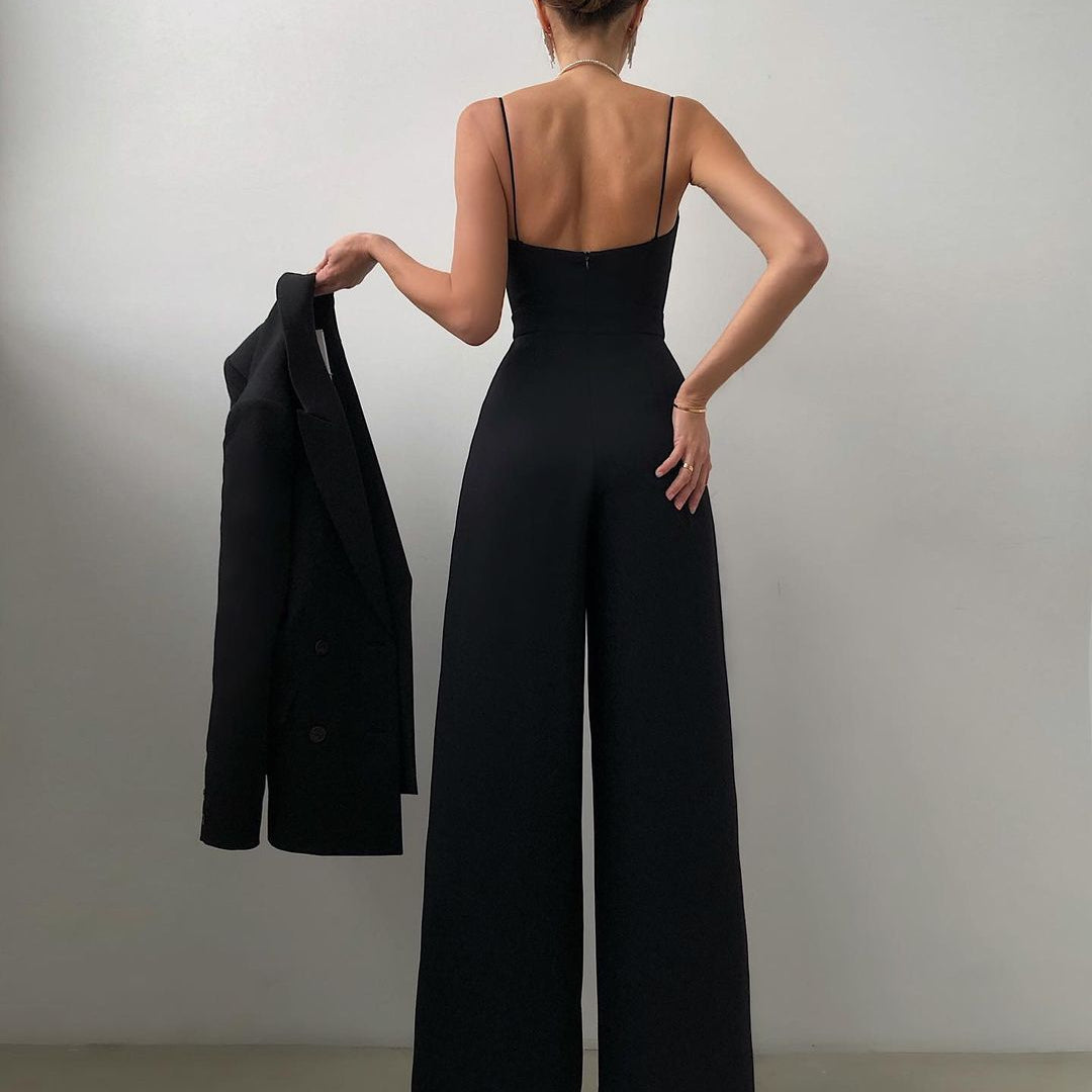 Elegant and Modern Jumpsuit in black with wide-leg design and spaghetti straps for fashion