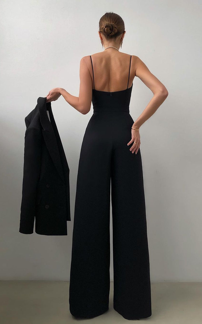 Elegant and Modern Jumpsuit in black with wide-leg design and spaghetti straps for fashion