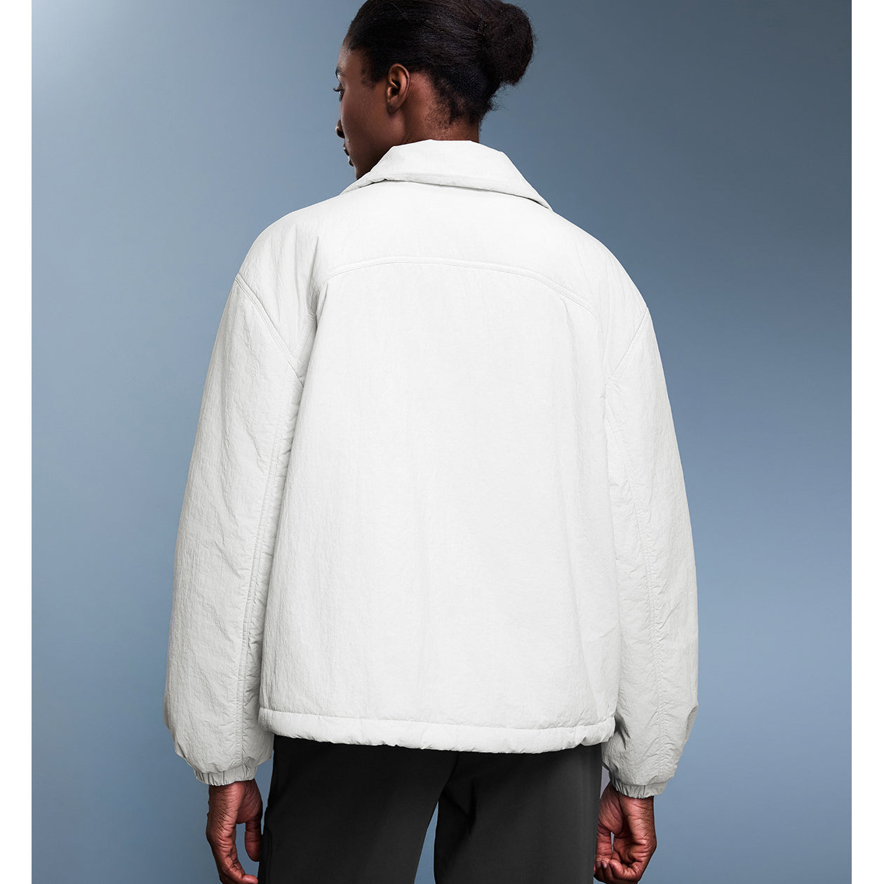 Langry fashion white boucle jacket with balloon sleeves and high collar