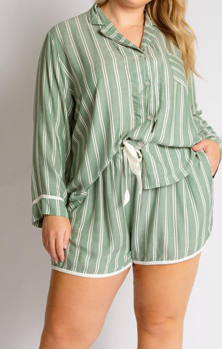 Green striped plus size pajama set with white trim and tie belt, Langry fashion homewear