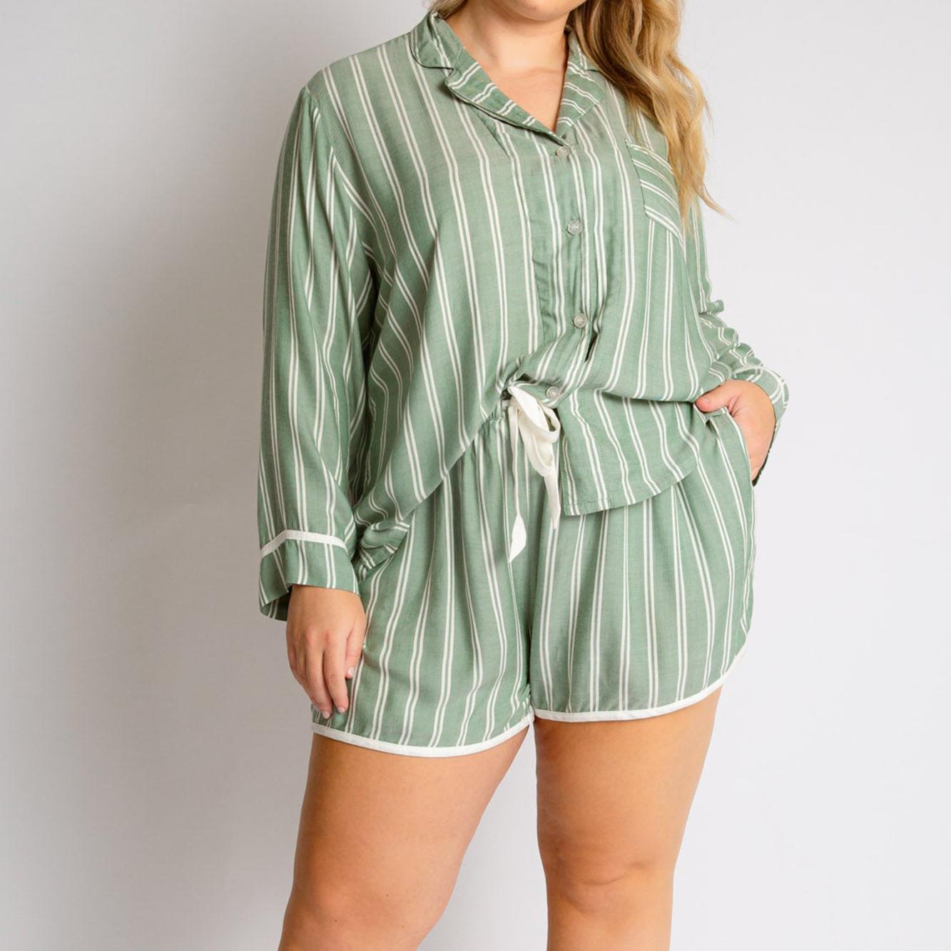 Plus size green striped langry fashion pajama set with white trim