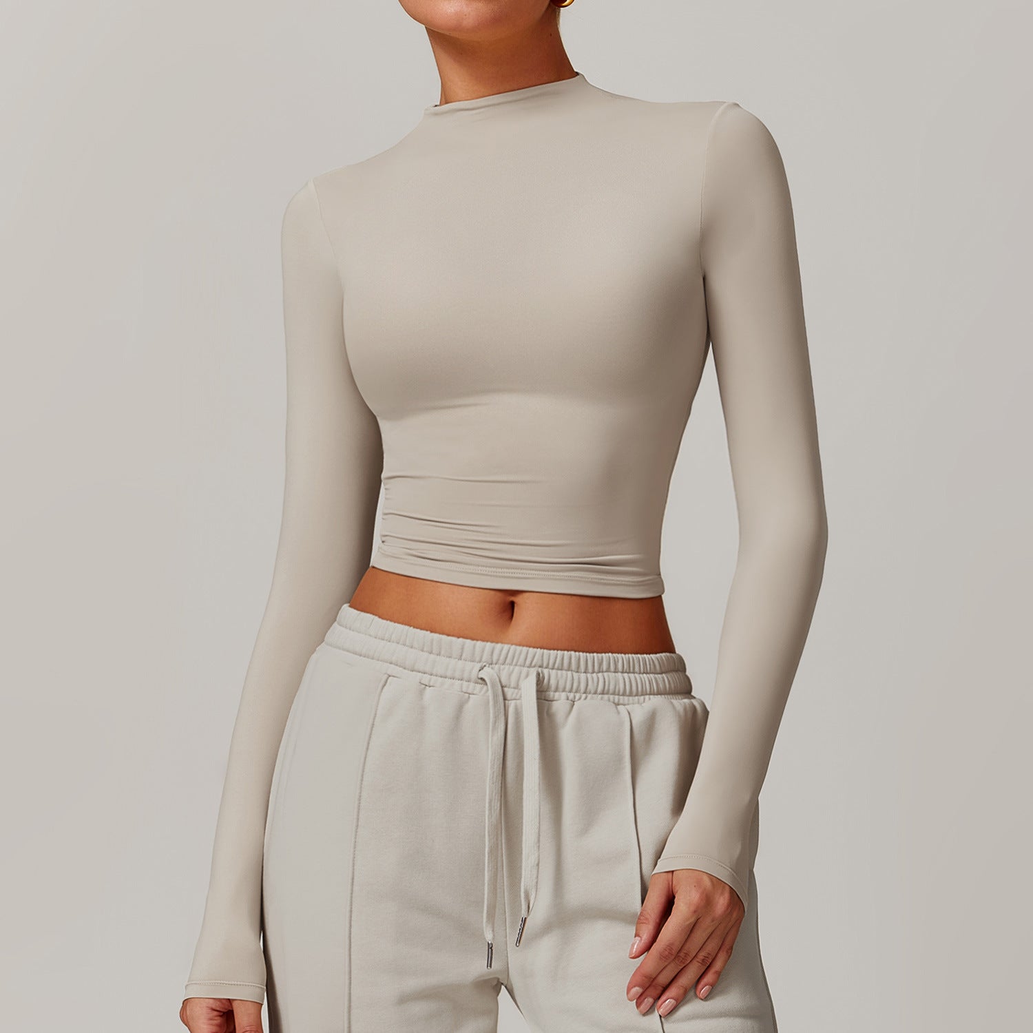 Beige long-sleeved crop top with mock neckline in Quick Drying Fitness Sports Outerwear