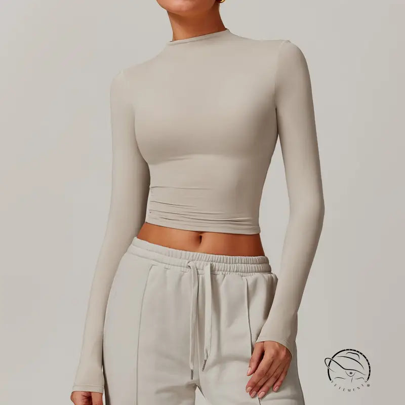 Beige long-sleeved quick drying fitness sports outerwear crop top