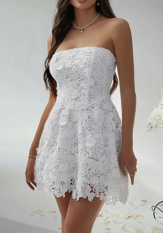White strapless lace beautiful short dress evening gown