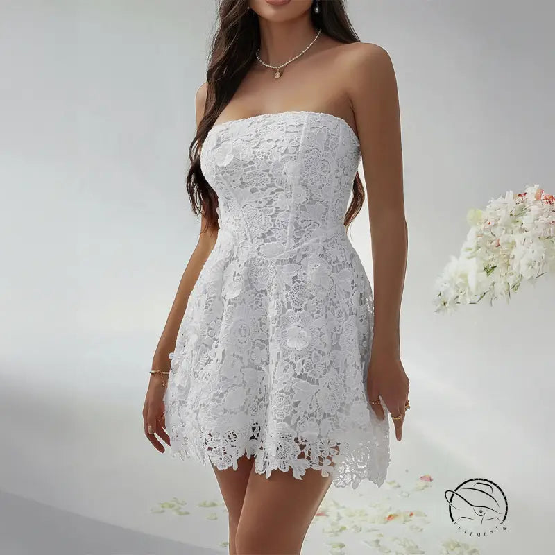 White strapless lace beautiful short dress evening gown