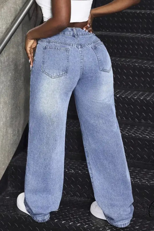 Light blue wide-leg match denim long jeans