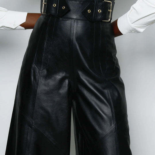 Faux leather long wide-leg pants with high waist and double-buckle belt for fashion