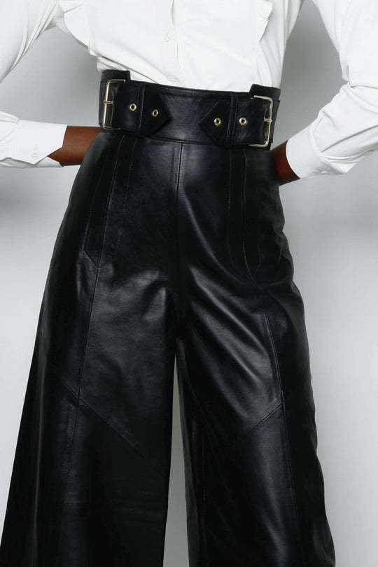 Faux leather long wide-leg pants with high waist and double-buckle belt for fashion