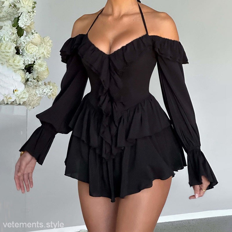Black off-the-shoulder ruffled romper featured in HALTER LOW CUT RUFFLED DRESS for a sexy halter low look