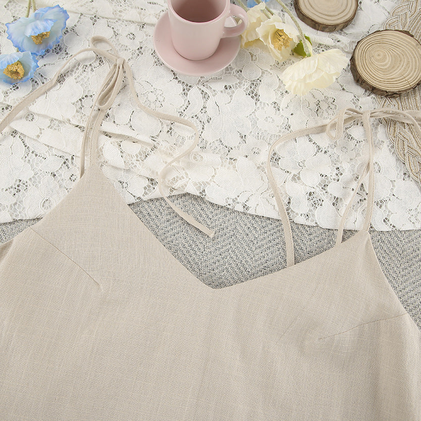 Beige linen camisole with tie-up straps, V-neckline, perfect for casual fashion and ملابس