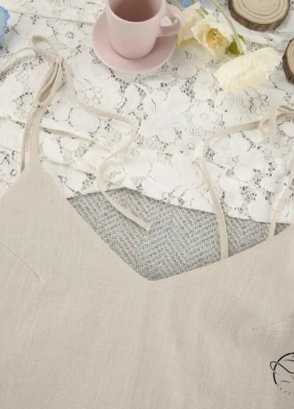 Beige linen camisole in casual backless cotton home wear nightdress