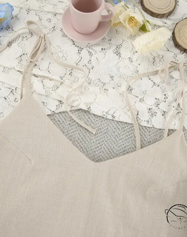 Beige linen camisole in casual backless cotton home wear nightdress