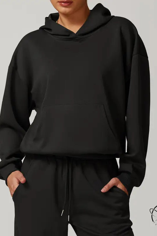 Langry fashion black hooded sweatshirt and sweatpants set for casual ملابس