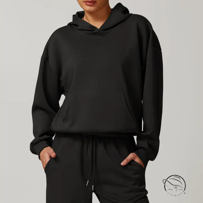 Langry fashion black hooded sweatshirt and sweatpants set for casual ملابس