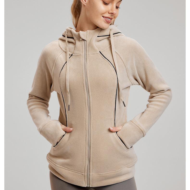 Beige zip-up hoodie with pockets, perfect for thermal workout fashion and ملابس styles