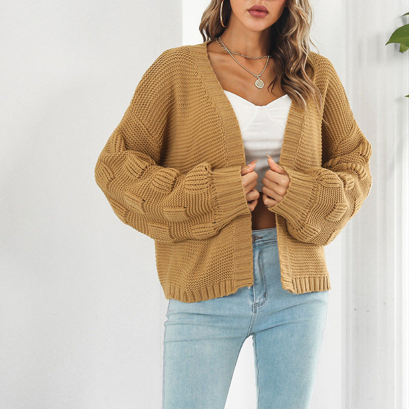 Mustard-colored knit cardigan with regular sleeves from the Casual Retro Knitted Cardigan Sweater collection