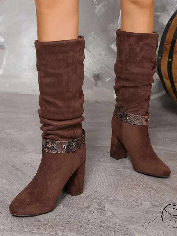 Brown suede slouch langry fashion boots with studded straps and chunky heels