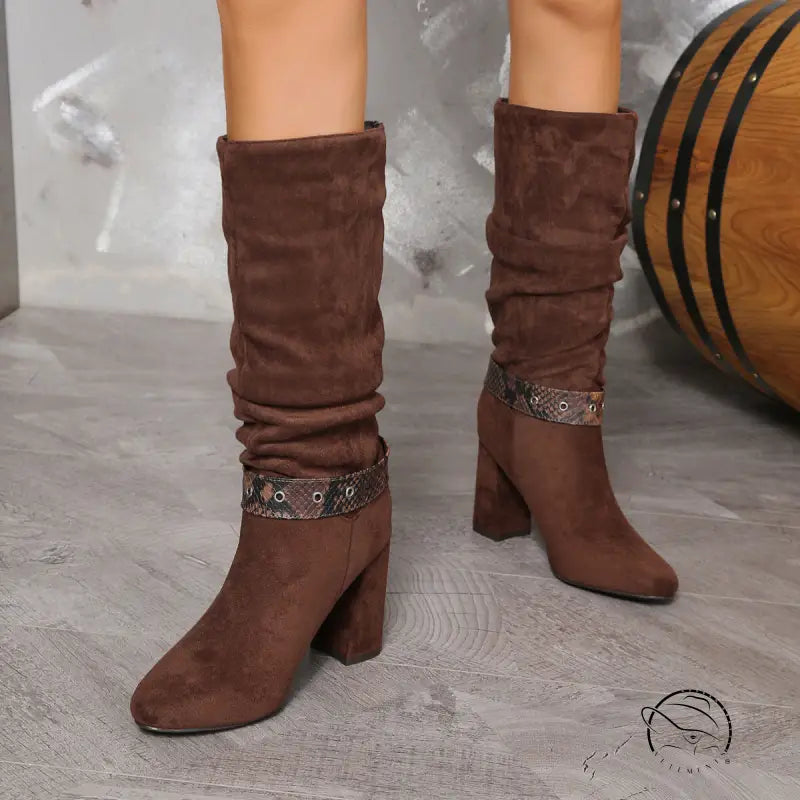 Brown suede slouch langry fashion boots with studded straps and chunky heels