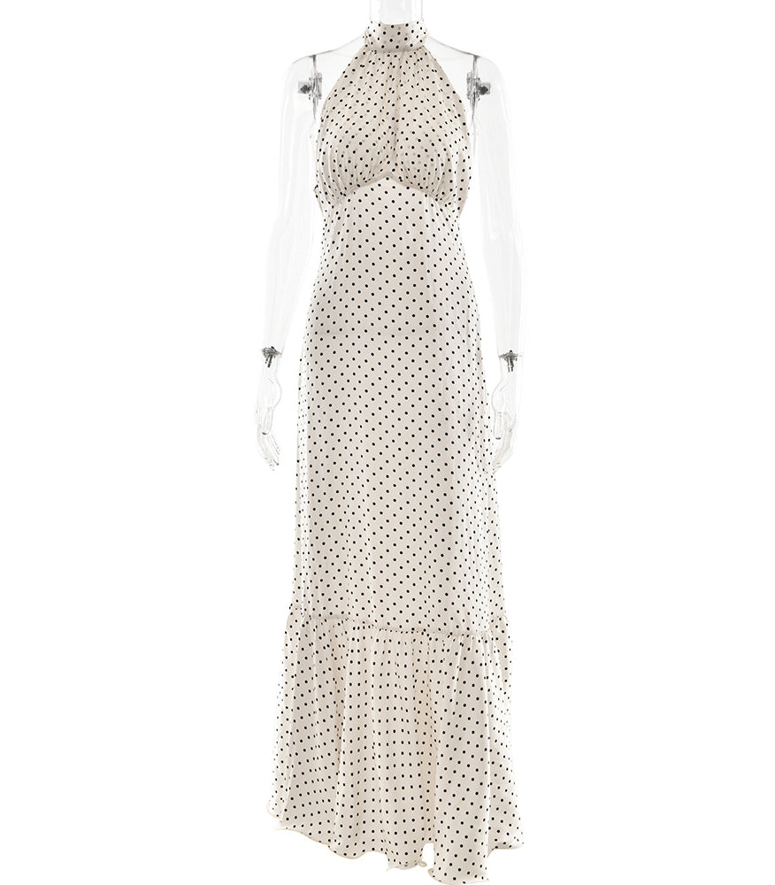 Elegant polka dot French halter satin maxi dress with sheer sleeves