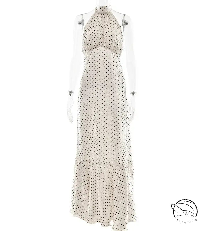 White polka dot halter neck satin maxi dress with sheer sleeves