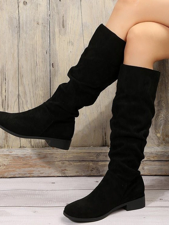 Pile Suede Slip on Knee High Boots