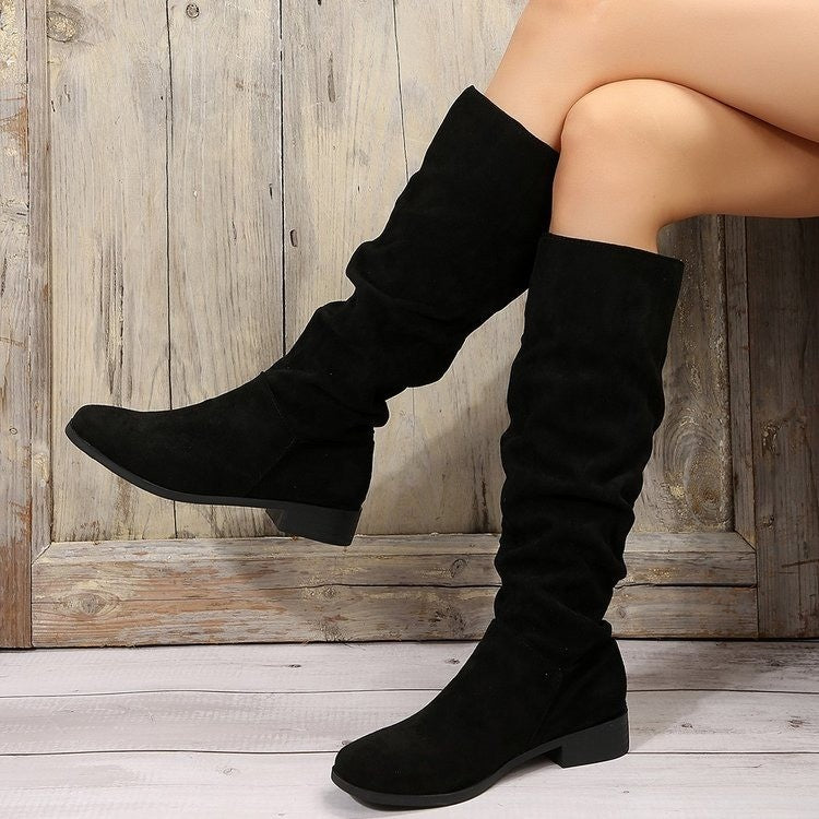 Pile Suede Slip on Knee High Boots