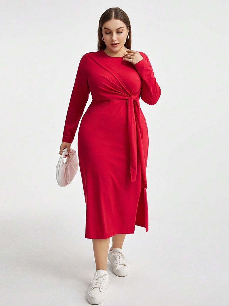 Red long-sleeved tie-waist dress from Elegant High Waist Lace Up Sheath Dress collection, trendy fashion ملابس