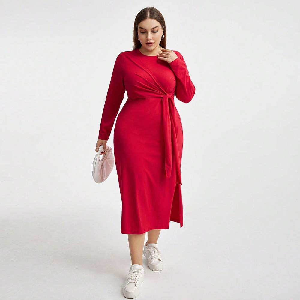 Red long-sleeved tie-waist dress from Elegant High Waist Lace Up Sheath Dress collection, trendy fashion ملابس