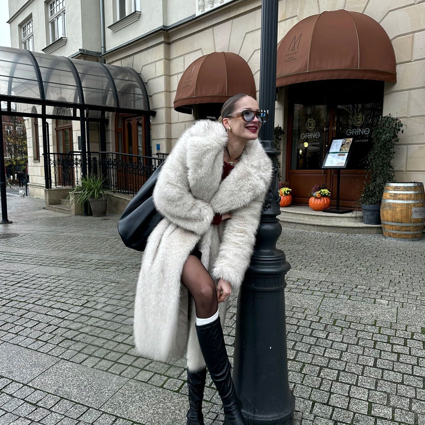Oversized warm winter faux fur coat with cream design, black trim, pockets, Langry fashion