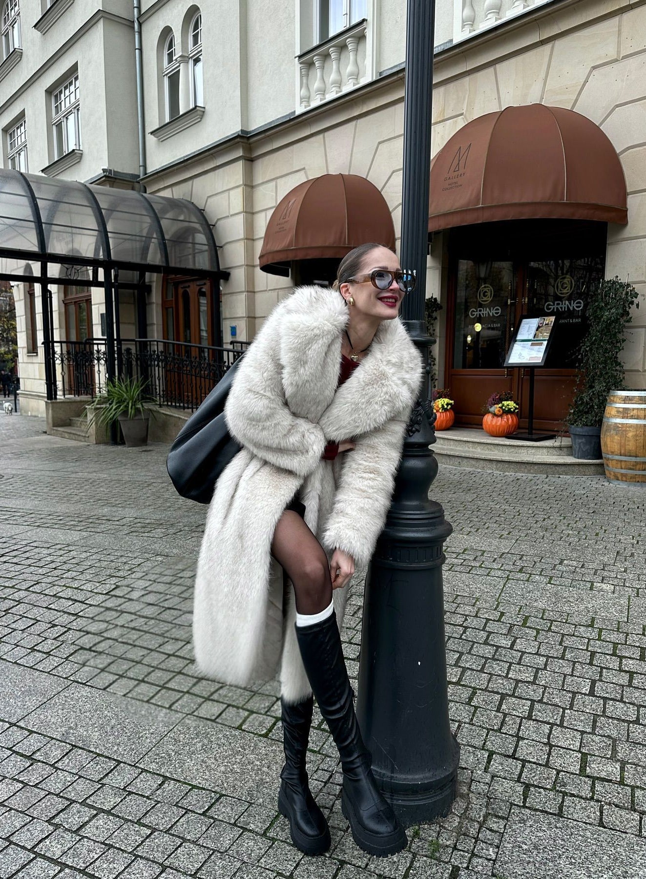 Oversized warm winter faux fur coat with cream design, black trim, pockets, Langry fashion