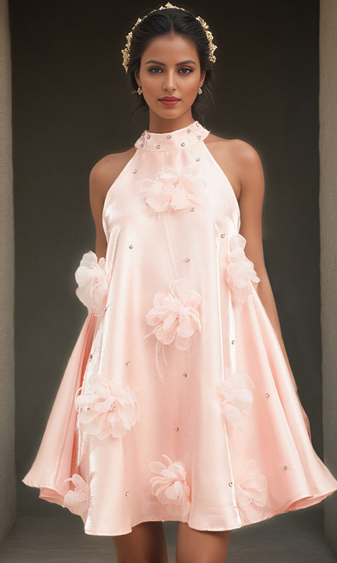 Pink halter dress with floral embellishments for women in stunning fashion style