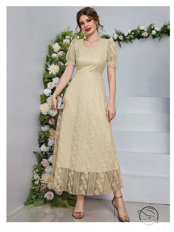 Beige lace midi dress with floral embroidery and puffed sleeves by Langry fashion
