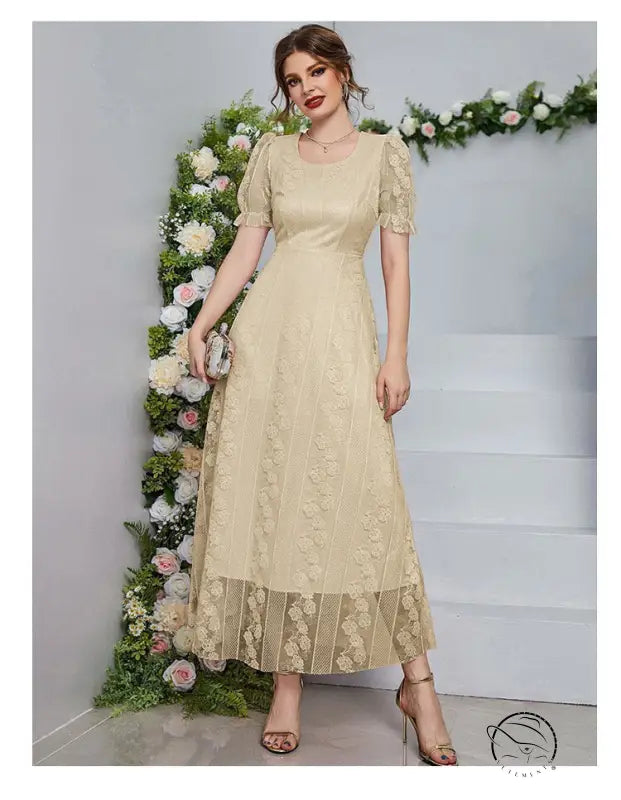 Beige lace midi dress with floral embroidery and puffed sleeves by Langry fashion