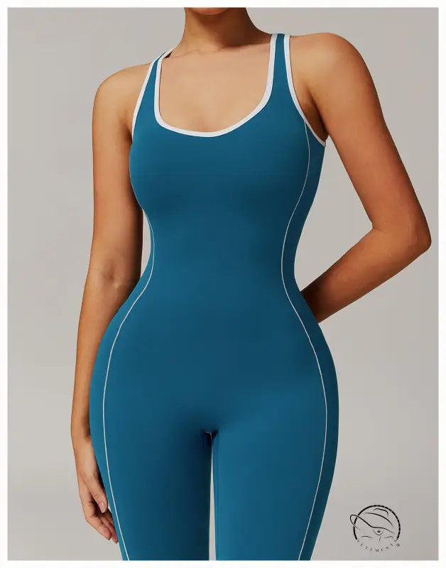 Blue yoga jumpsuit with white trim, hip lifting pleated design