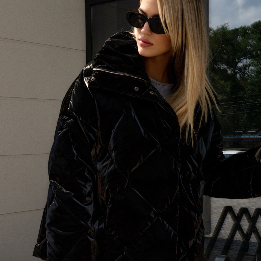 Black Langry Quilted Puffer Jacket with Hood