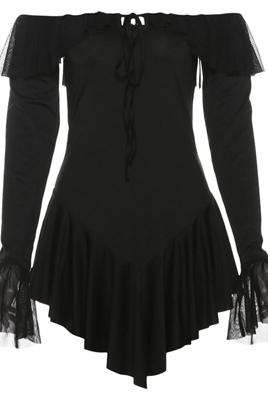 Black off-the-shoulder ruffled long-sleeve dress from Langry fashion collection, ملابس