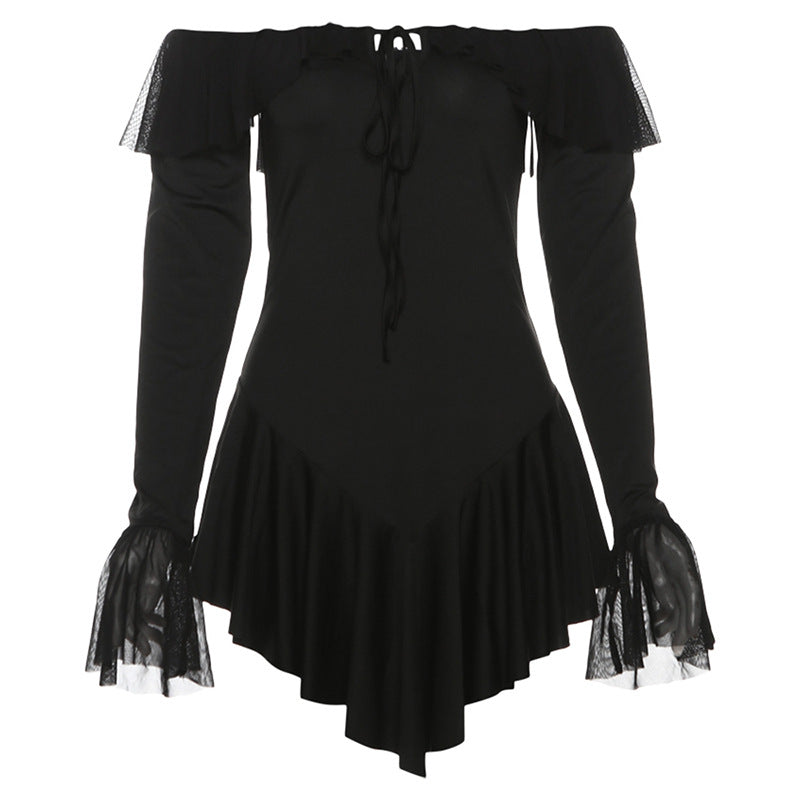 Black off-the-shoulder ruffled long-sleeve dress from Langry fashion collection, ملابس