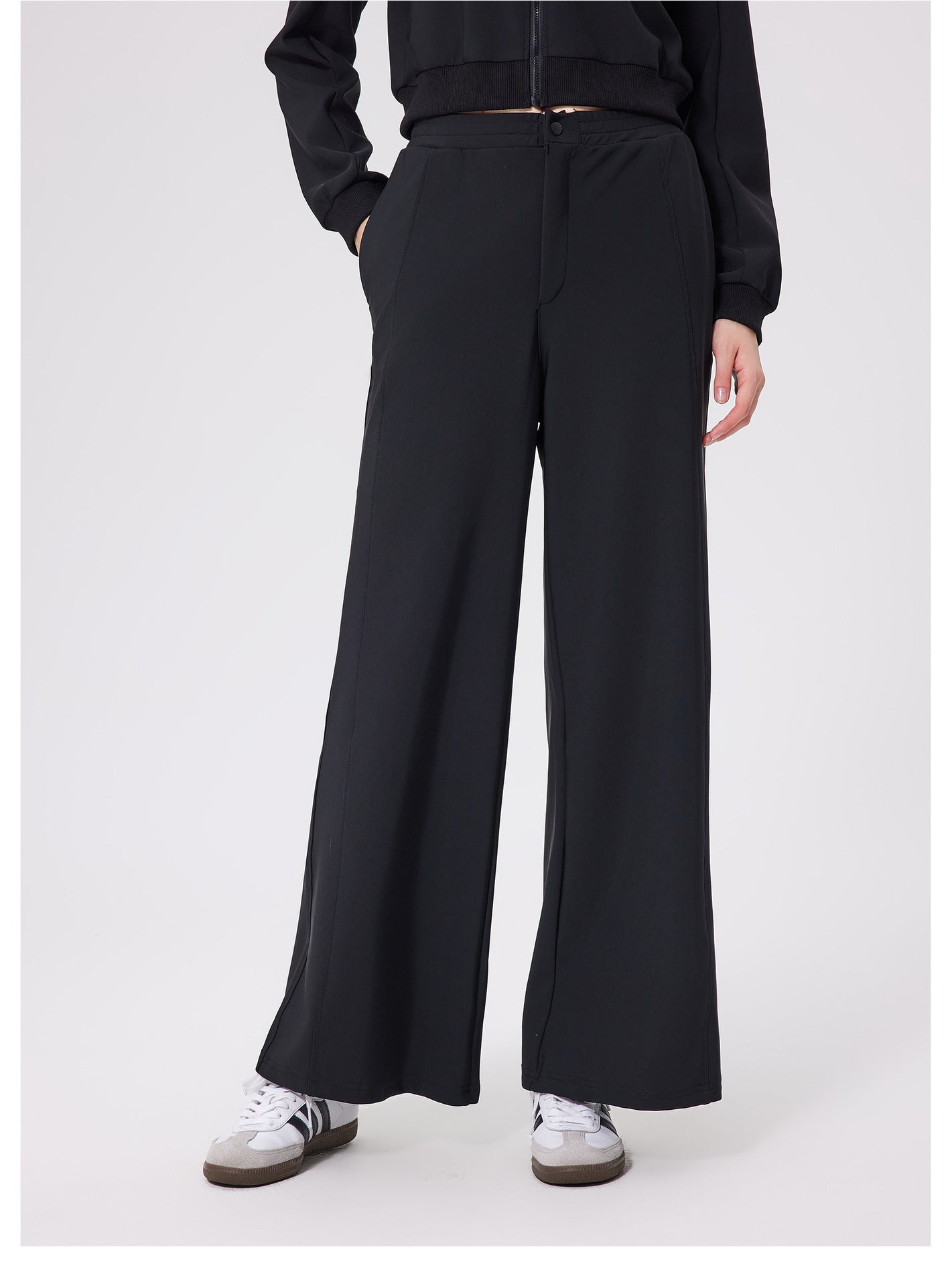 Black loose fitness warm pants with high waist and elastic ankles