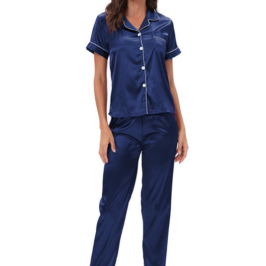 Langry navy blue satin two-piece pajama set with white piping