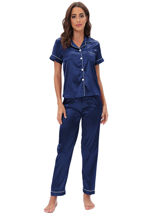 Langry navy blue satin two-piece pajama set with white piping