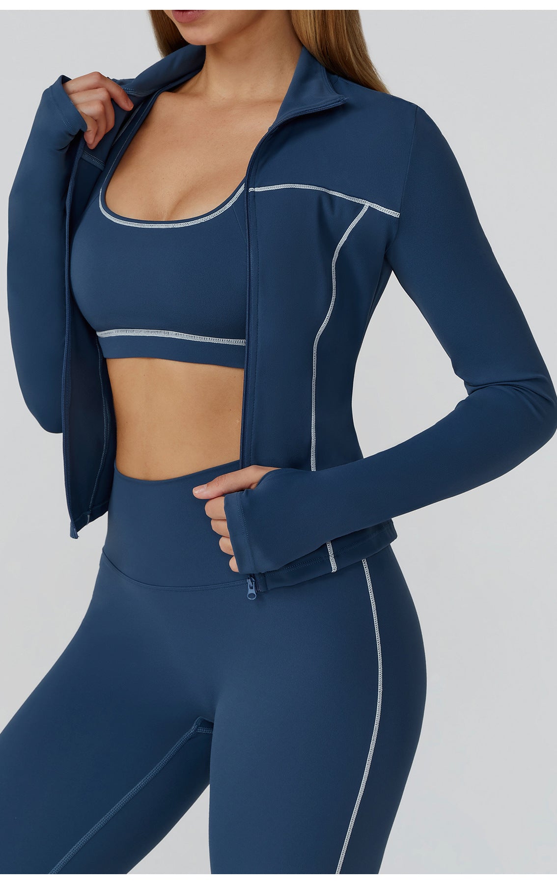 Langry navy blue windproof slim jacket with white piping and zipper details