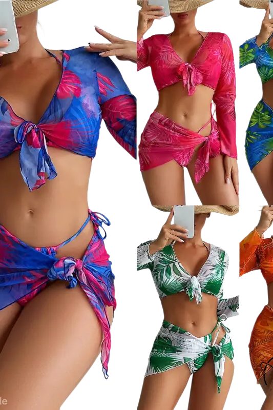 Four piece lace up swimsuit in vibrant tropical print with red flowers on blue background